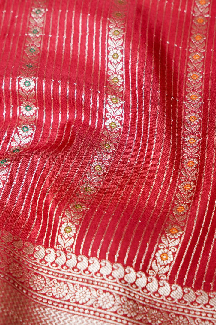 Cherry Red Banarasi Soft Silk Bridal Meenakari Stripes Saree