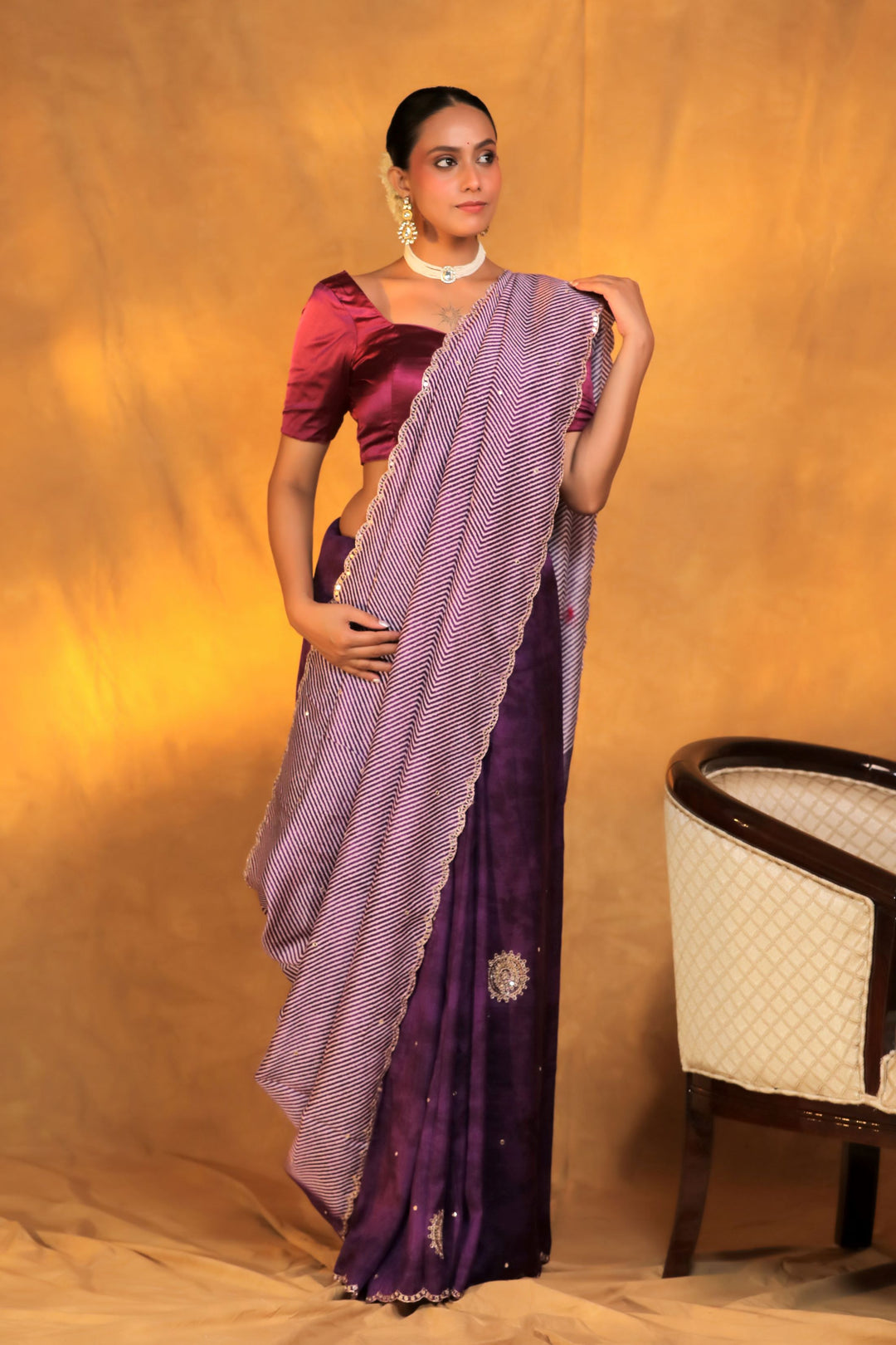 purple crepe silk geometric strip mirror work saree front view 5