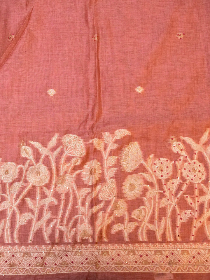 Dusty Rose Banarasi Cotton Jamdani Suit Set with French Knot Thread Embroidery
