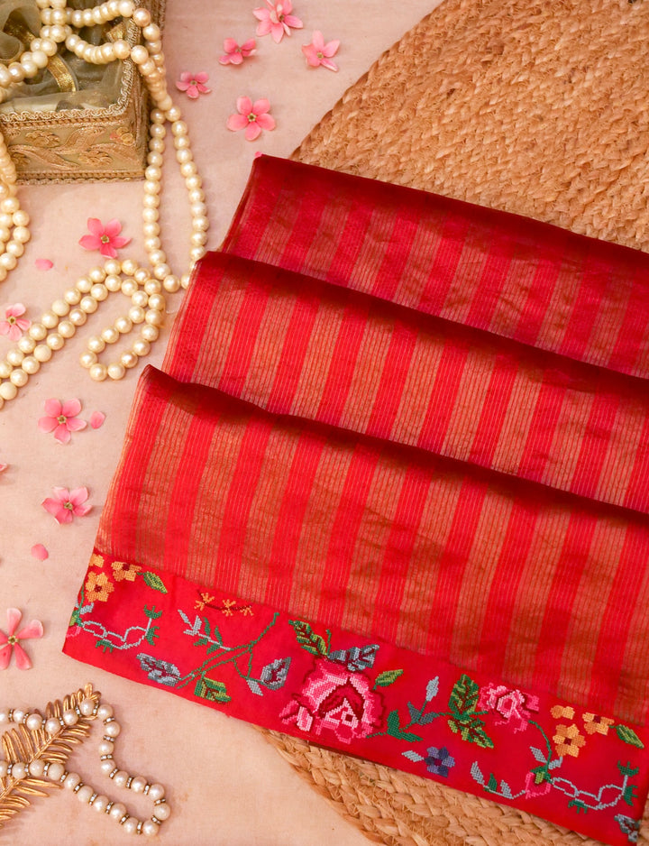Handwoven Bridal Red Pure Silk Saree with Tissue Stripes Cross Stitch Hand Embroidery Border View 1
