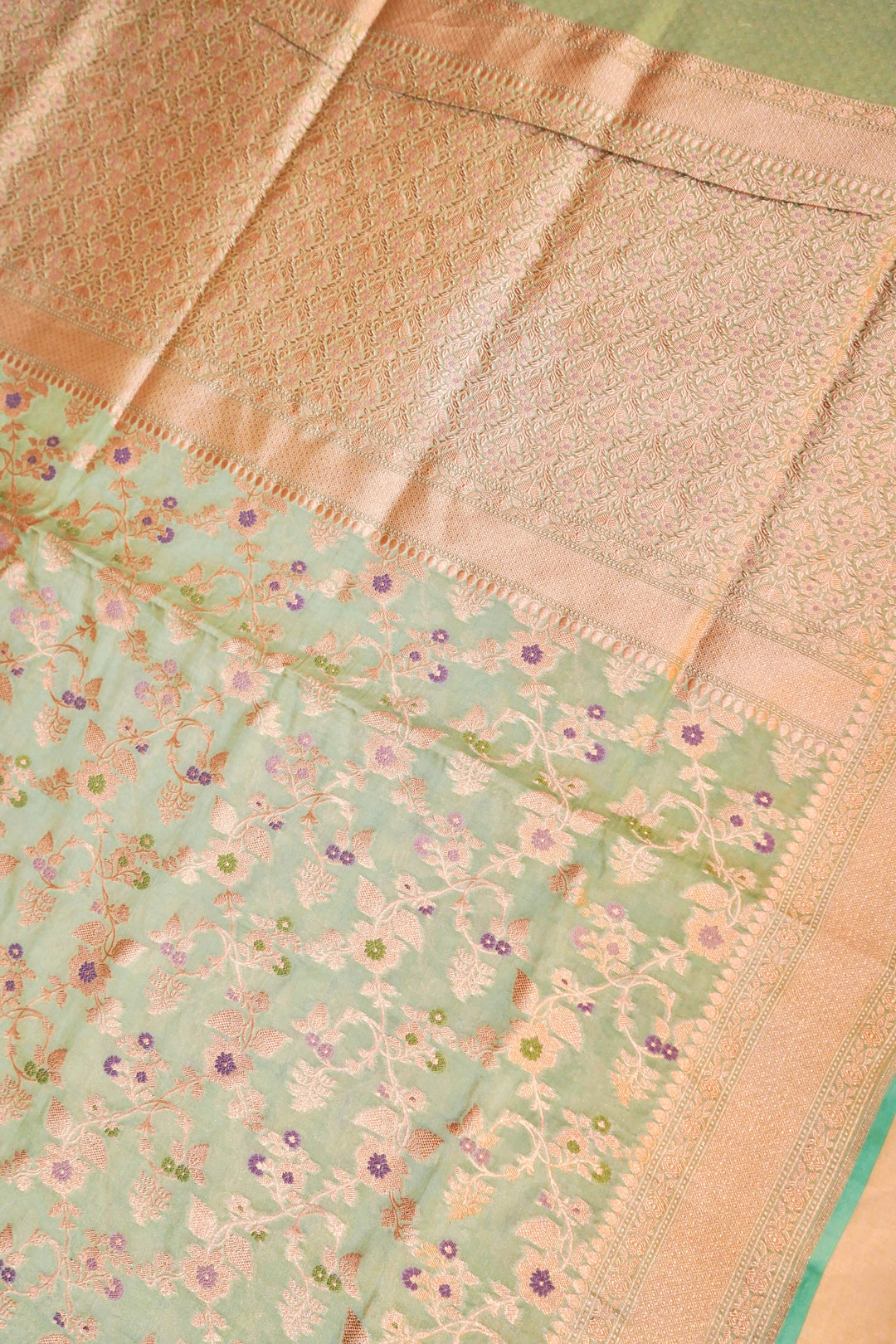 Light Green Handloom Pure Katan Tissue Saree with Meenakari Jaal Weave