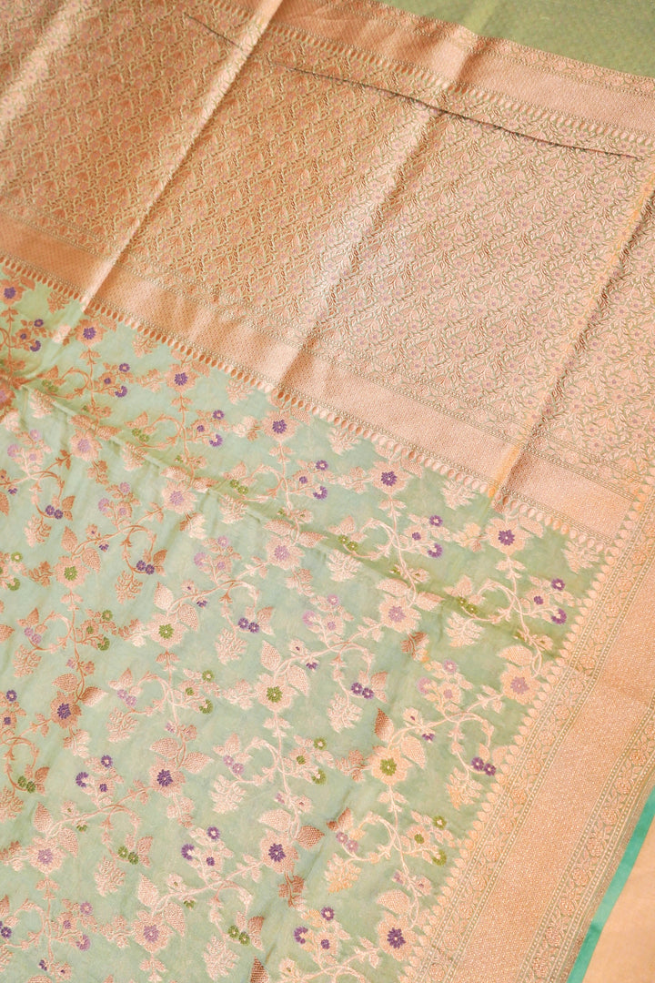 Light Green Handloom Pure Katan Tissue Saree with Meenakari Jaal Weave