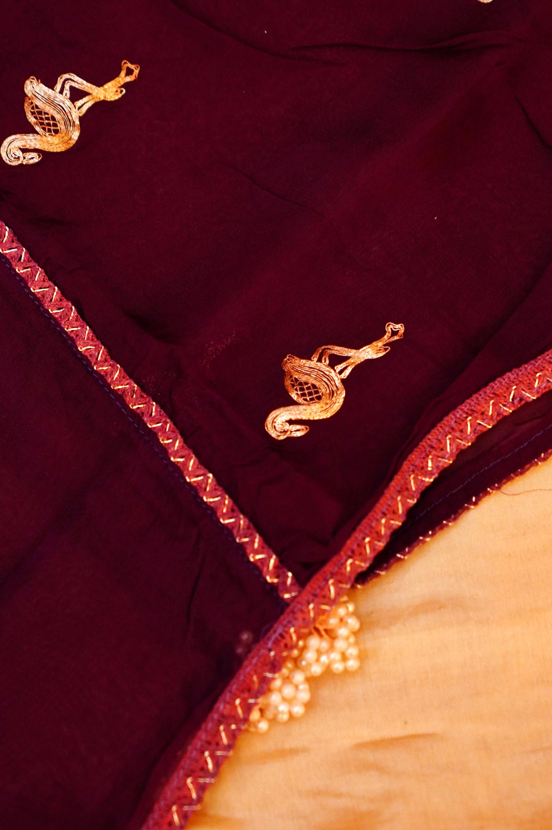 Wine Pure Chanderi Silk Suit Set with Pearl Work Birds Motif