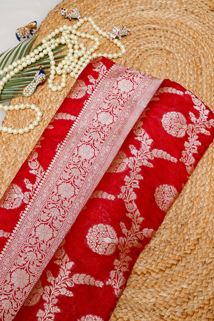 Red Bridal Banarasi Handloom Pure Katan Silk Jaal Saree with Meenakari Pallu