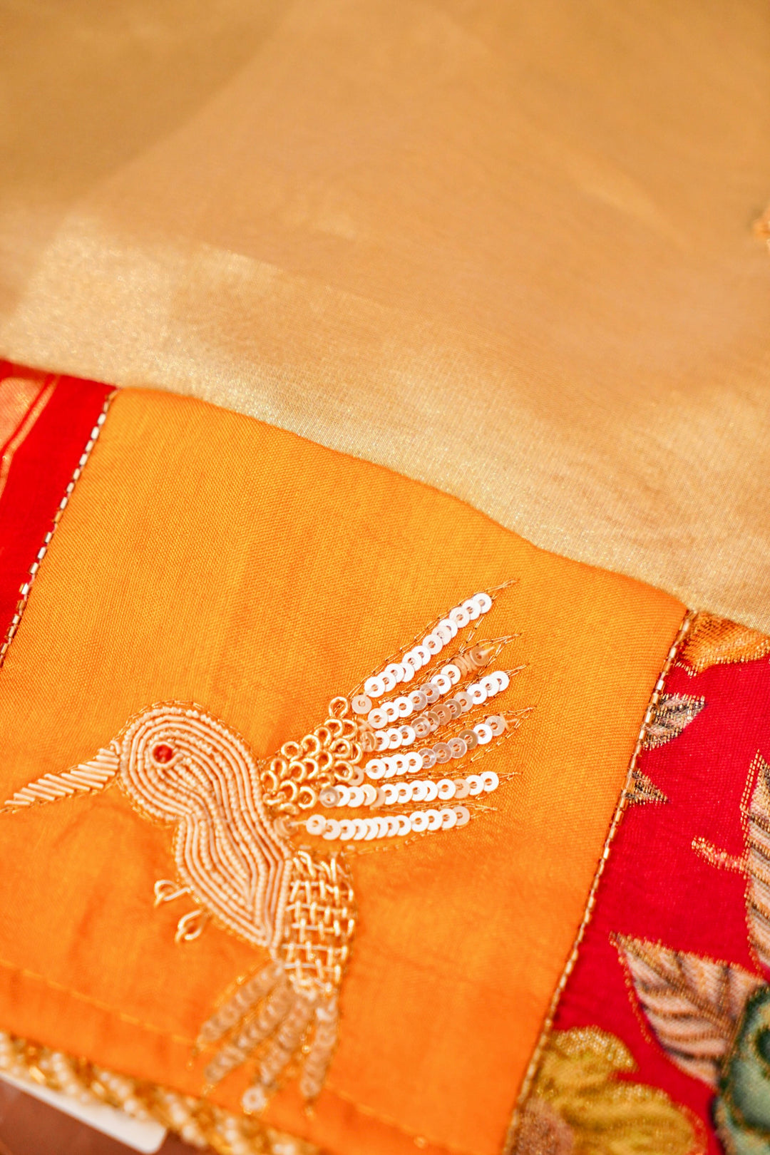 Golden Pure Tissue Saree with Multicolor Patchwork Embroidered Border