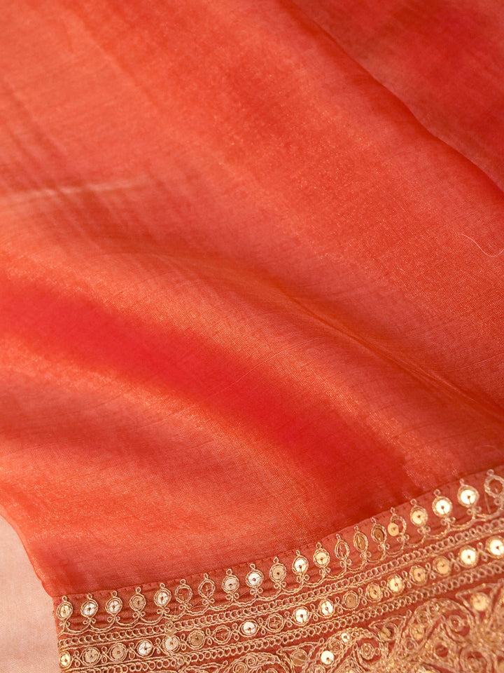 Peach Pure Crepe Silk Saree with Sabyasachi Inspired Border Heavy Embroidered Silk Blouse View 4