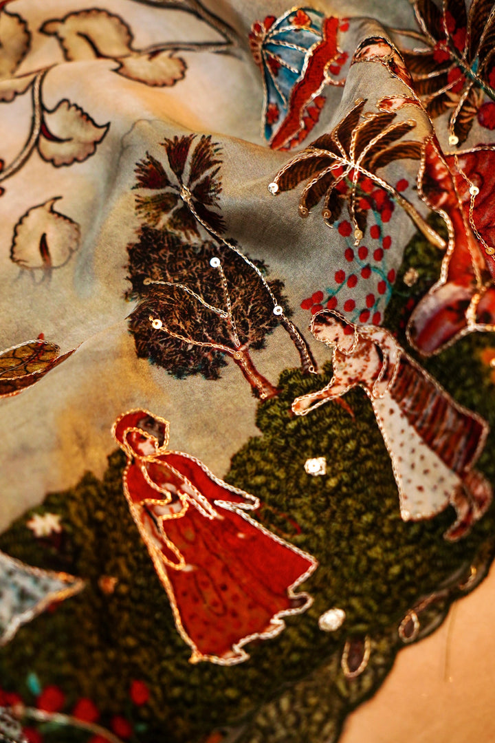 Beige Crepe Silk Saree with Floral Prints & Figure Motif