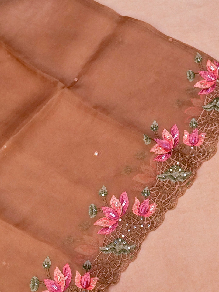 Light Brown Handloom Pure Organza Suit with Hand Resham Sequin Embroidery View 2