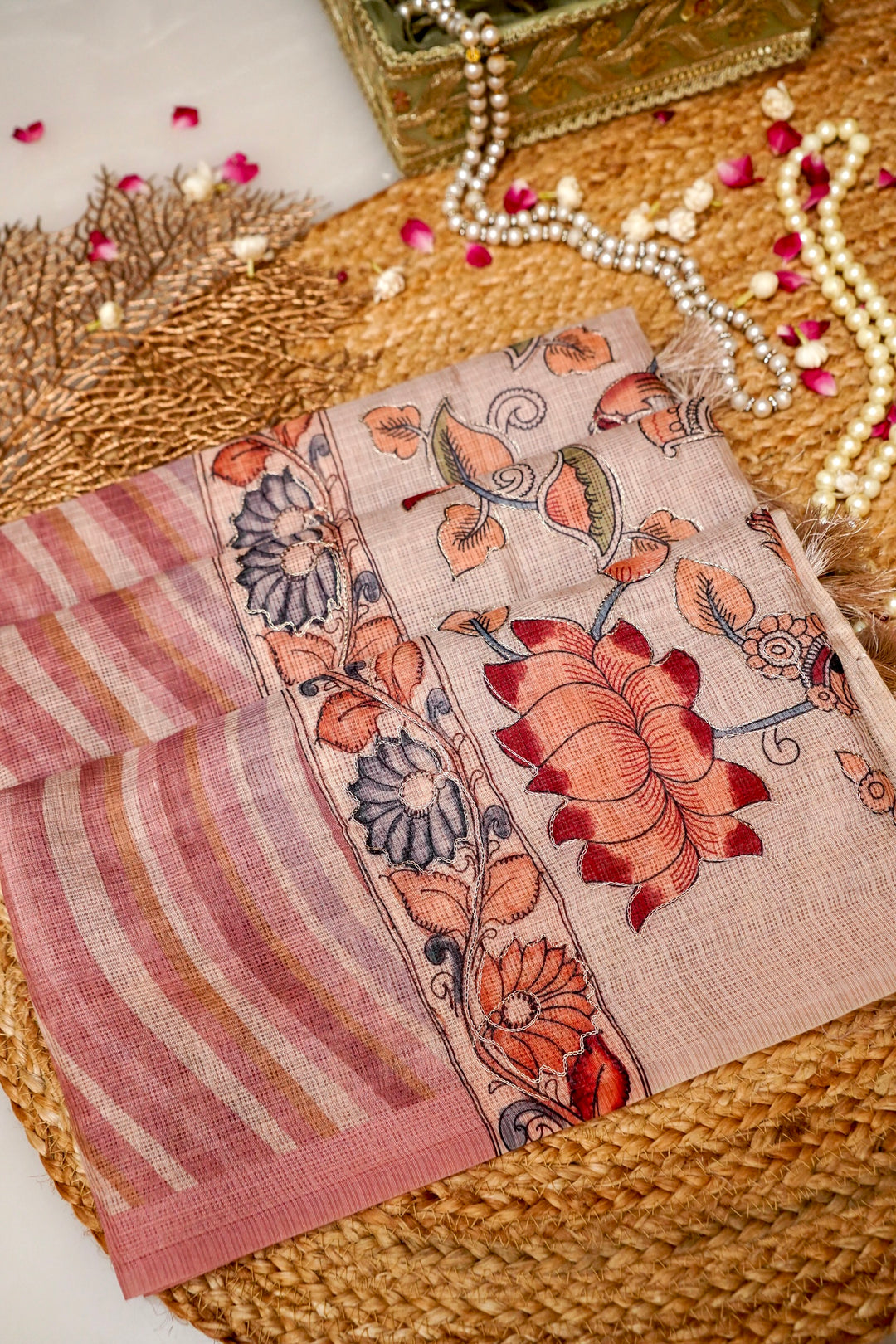 Artistic Kota Check Saree with Multicolor Leheriya Aari Tari Work Kalamkari Pichwai Pallu View 1