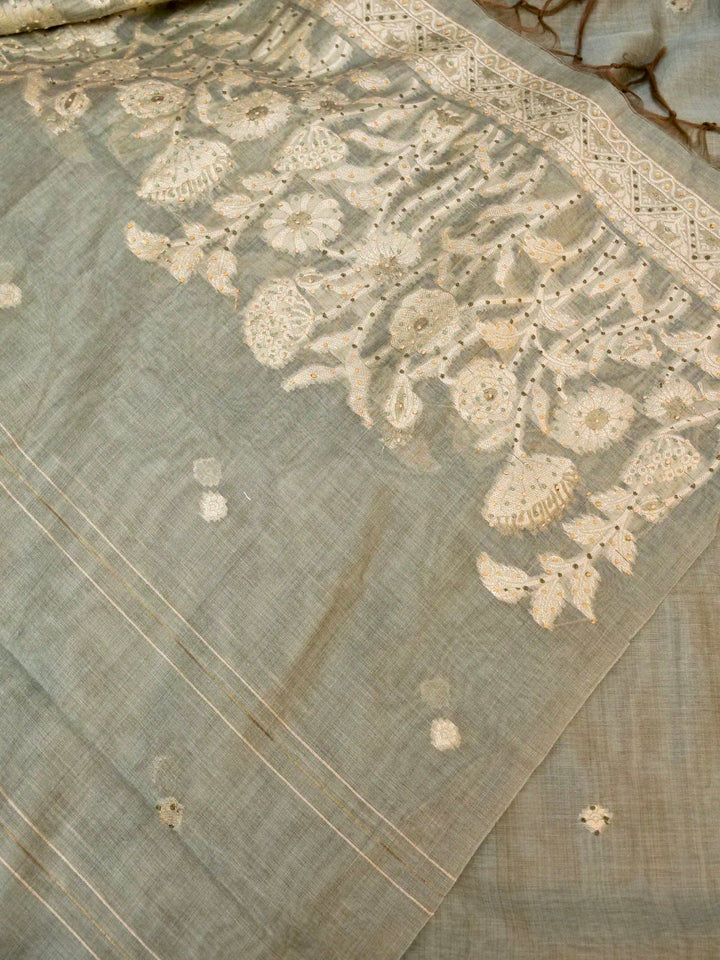 Light Sage Green Banarasi Cotton Jamdani Suit Set with French Knot Thread Embroidery