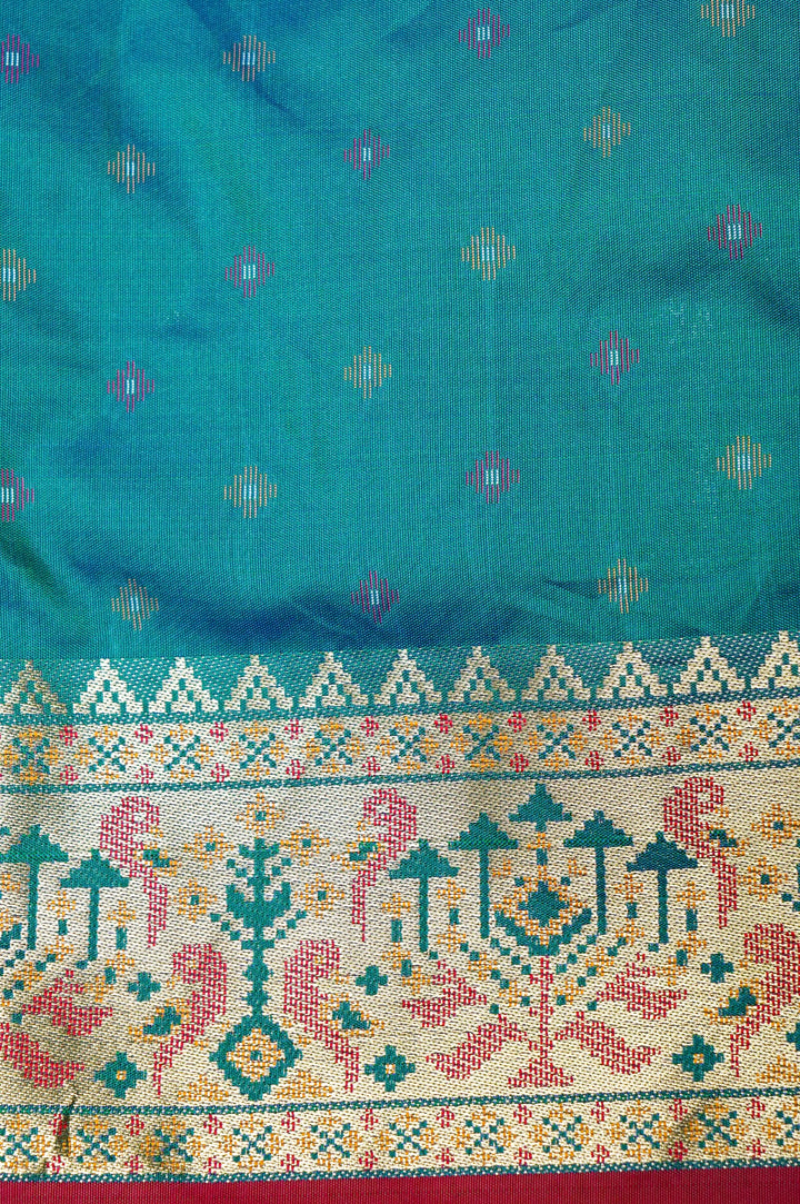 Teal Green Soft Silk Ikat Inspired Saree with Golden Zari Heavy Border & Pallu