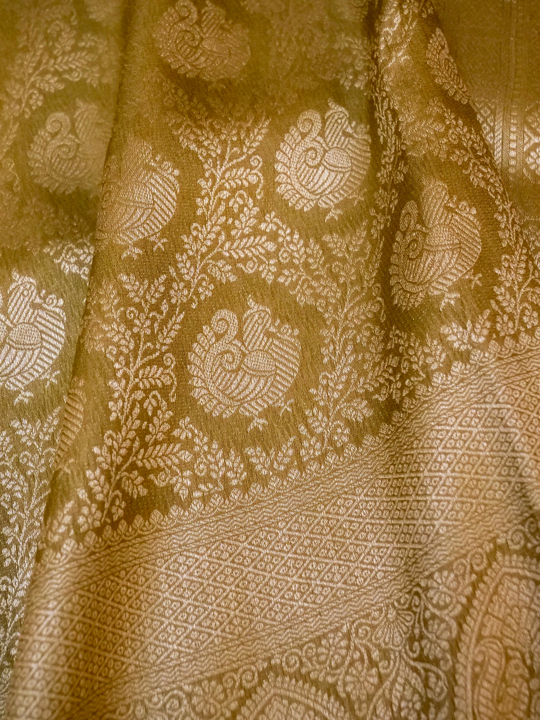 Banarasi Olive Green Crepe Silk Saree with Zari Weave Bird Motif