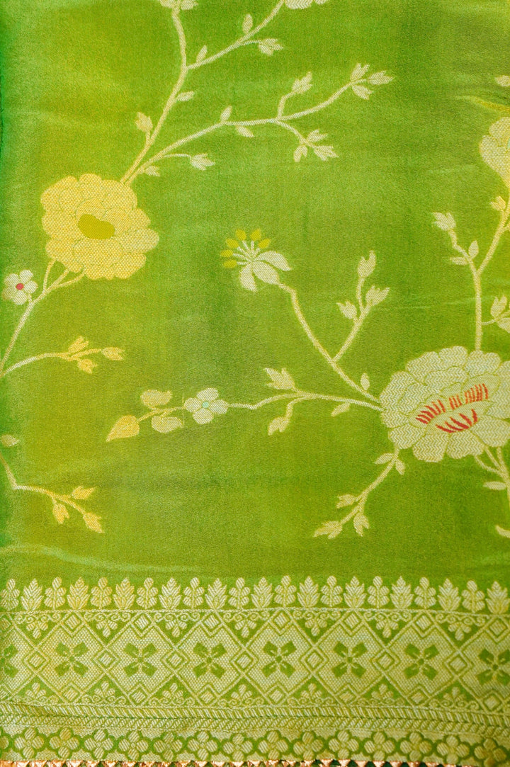 Light Green Banarasi Tissue Silk Saree with Meenakari Jangla Top and Elephant Motif Dupatta