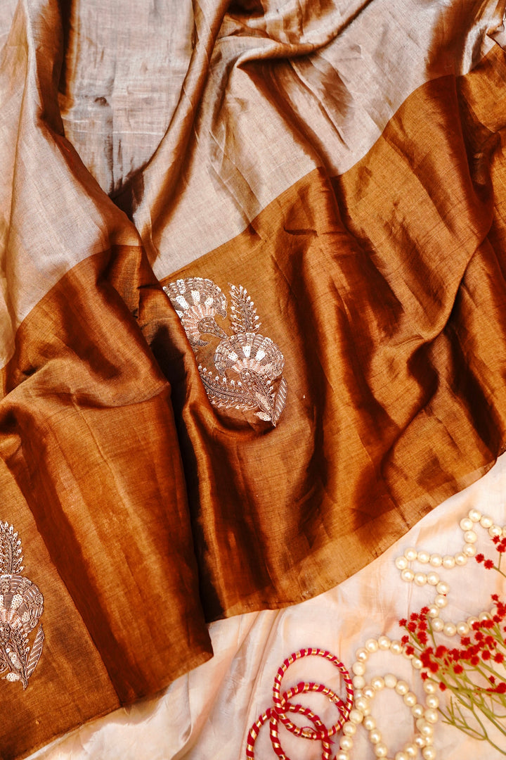 Regal Golden & Silver Pure Handloom Katan Tissue Saree with Zardozi Embroidery