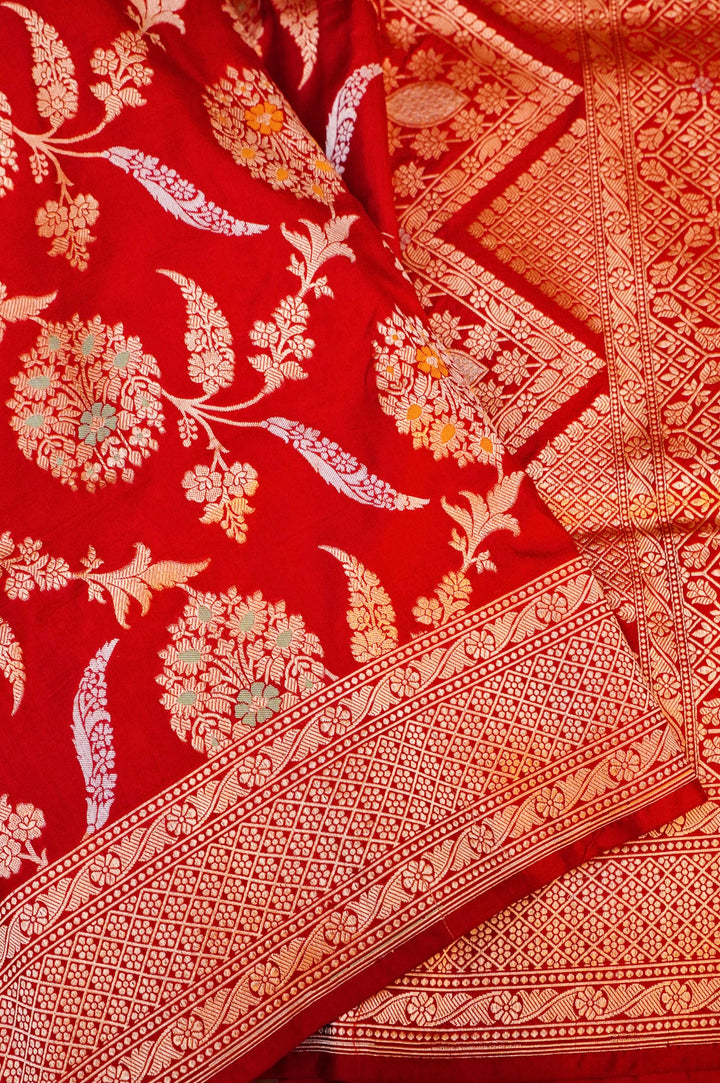 Regal Red Bridal Banarasi Pure Katan Silk Meenakari Jangla Saree