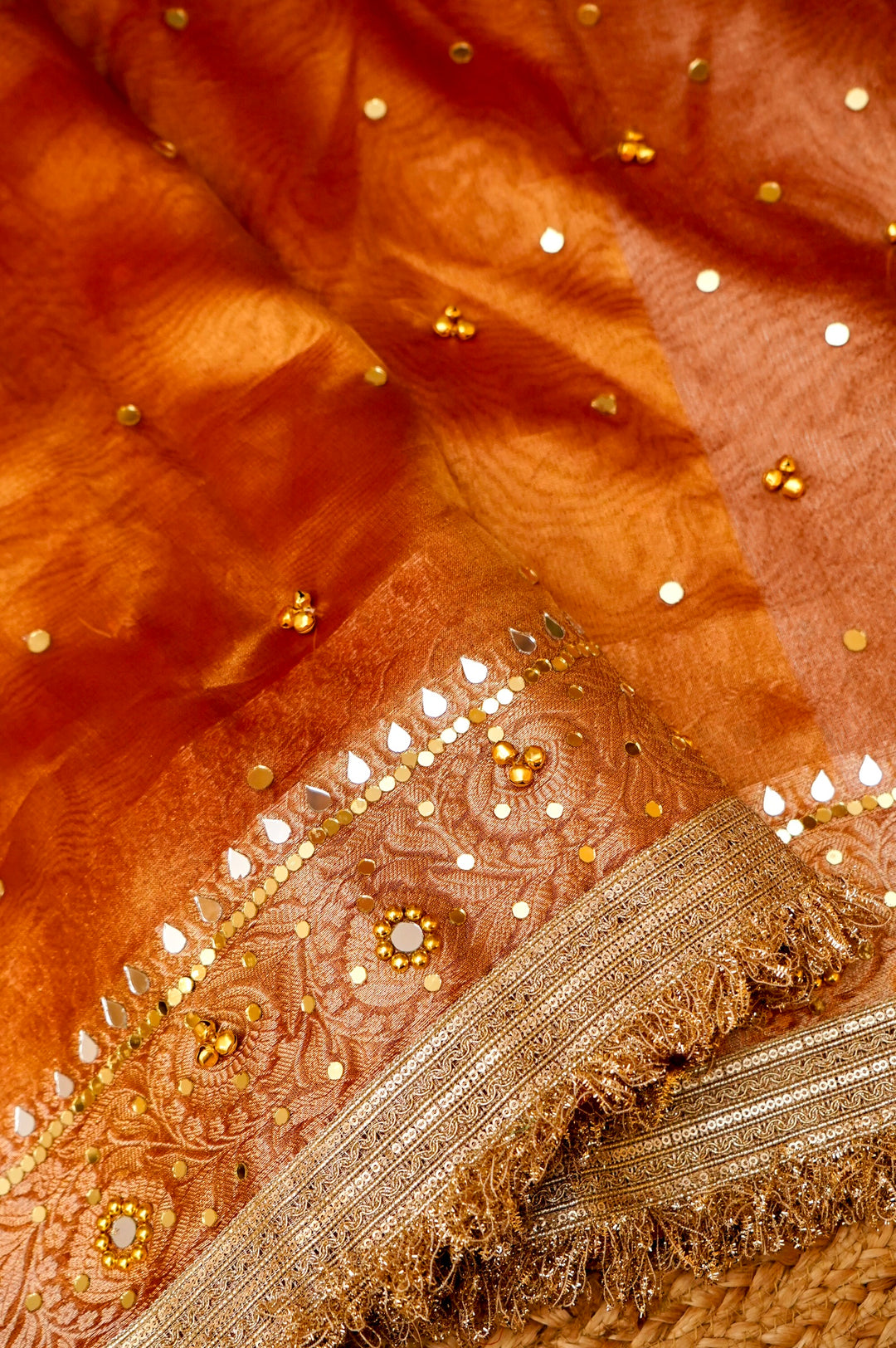 Pumpkin Orange Viral Ghungru Tissue Silk Saree with Mirror Work View 3