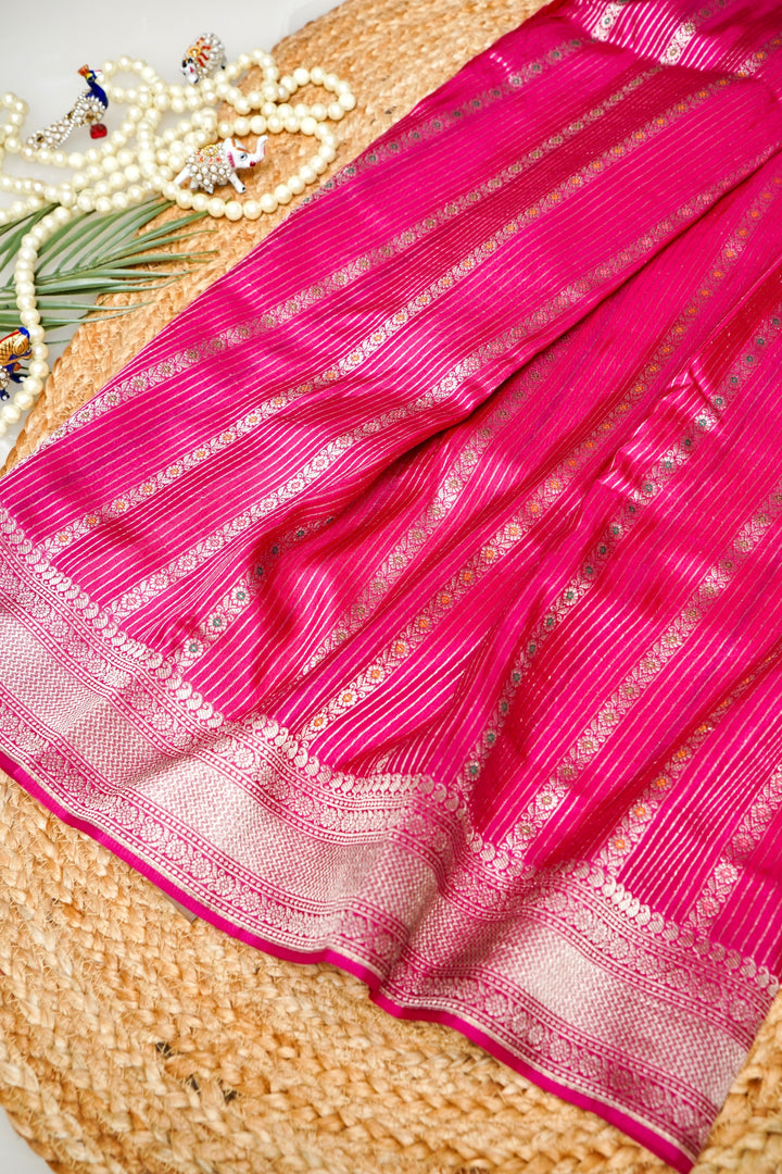 Pink Banarasi Soft Silk Bridal Saree with Meenakari Stripes