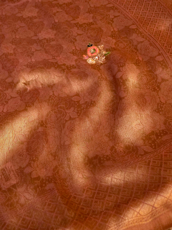 Copper Gold Banarasi Brocade Silk Saree with Zardozi and Resham Work