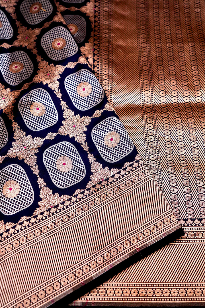 Elegant Black Banarasi Katan Silk Saree Handwoven Sona Rupa Zari Brocade Checks