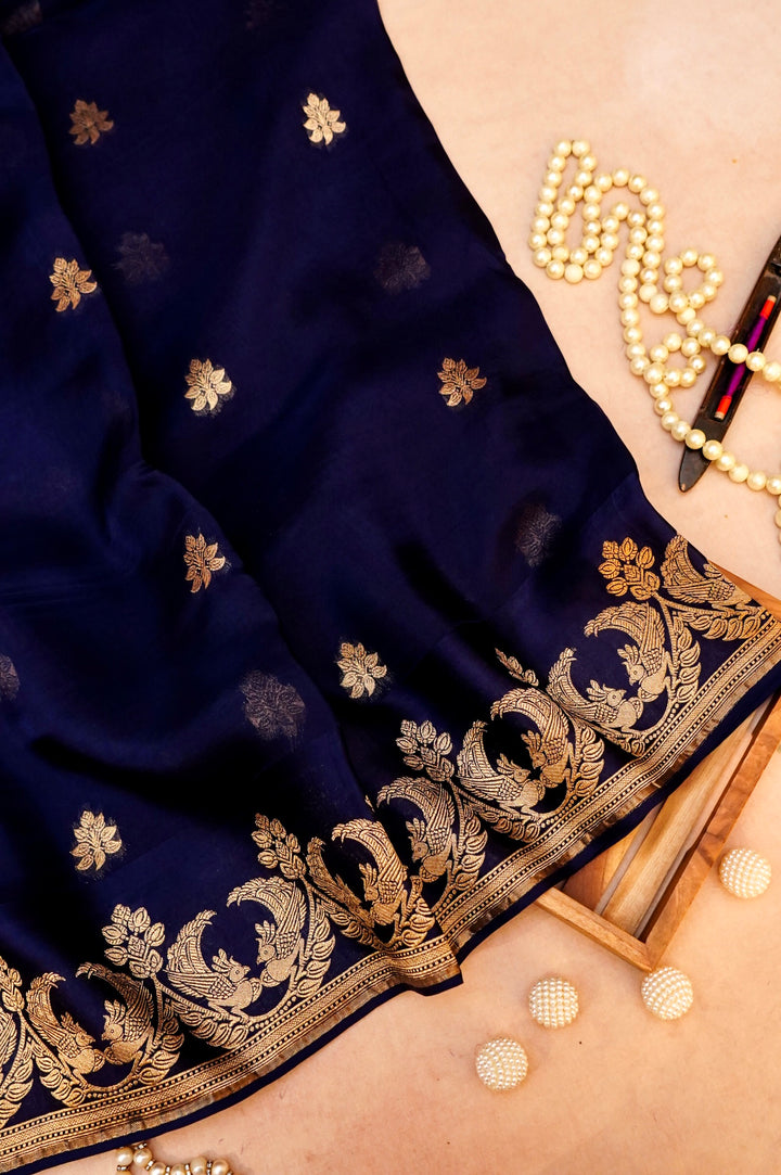 Dark Blue Organza Saree with Elegant Satin Silk Border