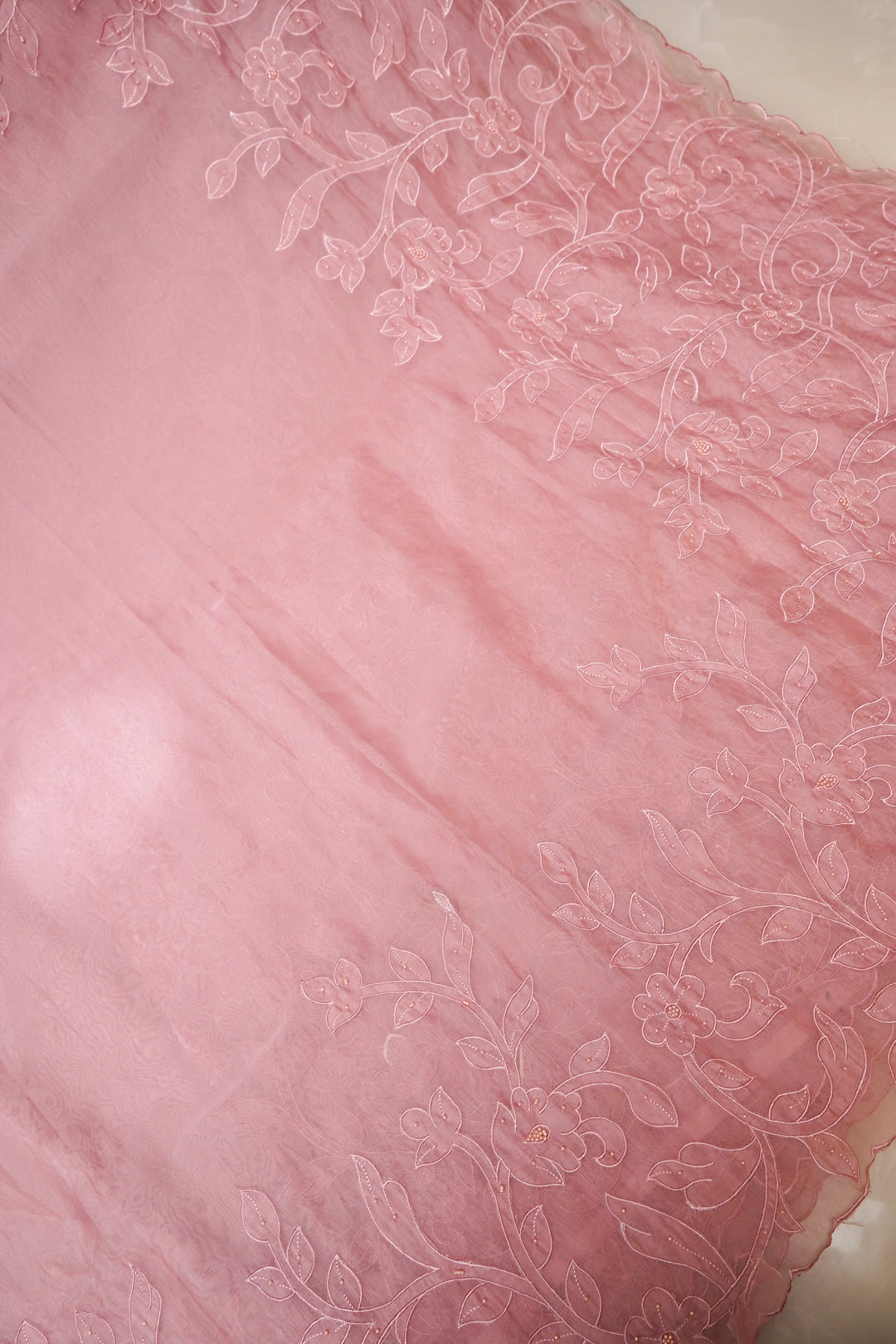 Pastel Pink Organza Tissue Saree with Resham & Pearl Embroidery with Tissue Blouse