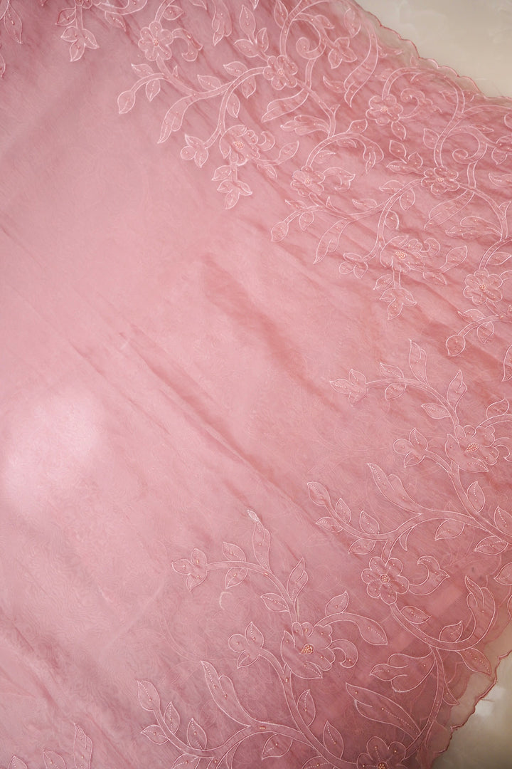 Pastel Pink Organza Tissue Saree with Resham & Pearl Embroidery with Tissue Blouse