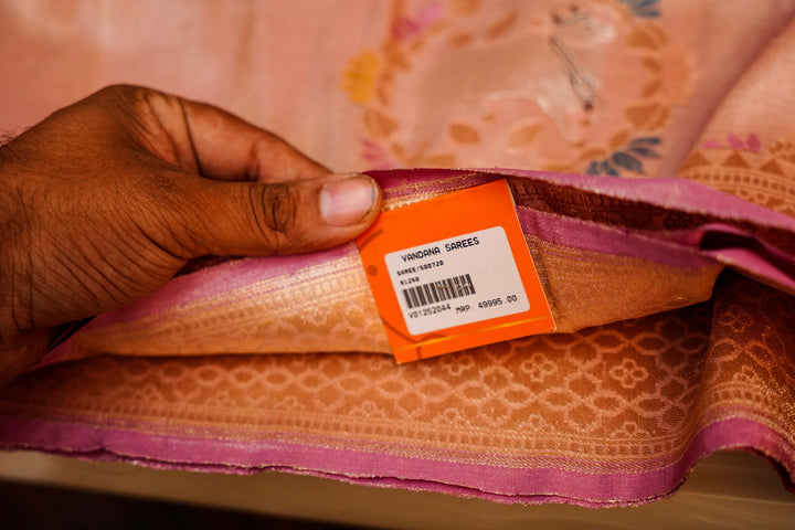 Handwoven Rose Gold Banarasi Pure Tissue Katan Silk Saree with Nandi Motifs
