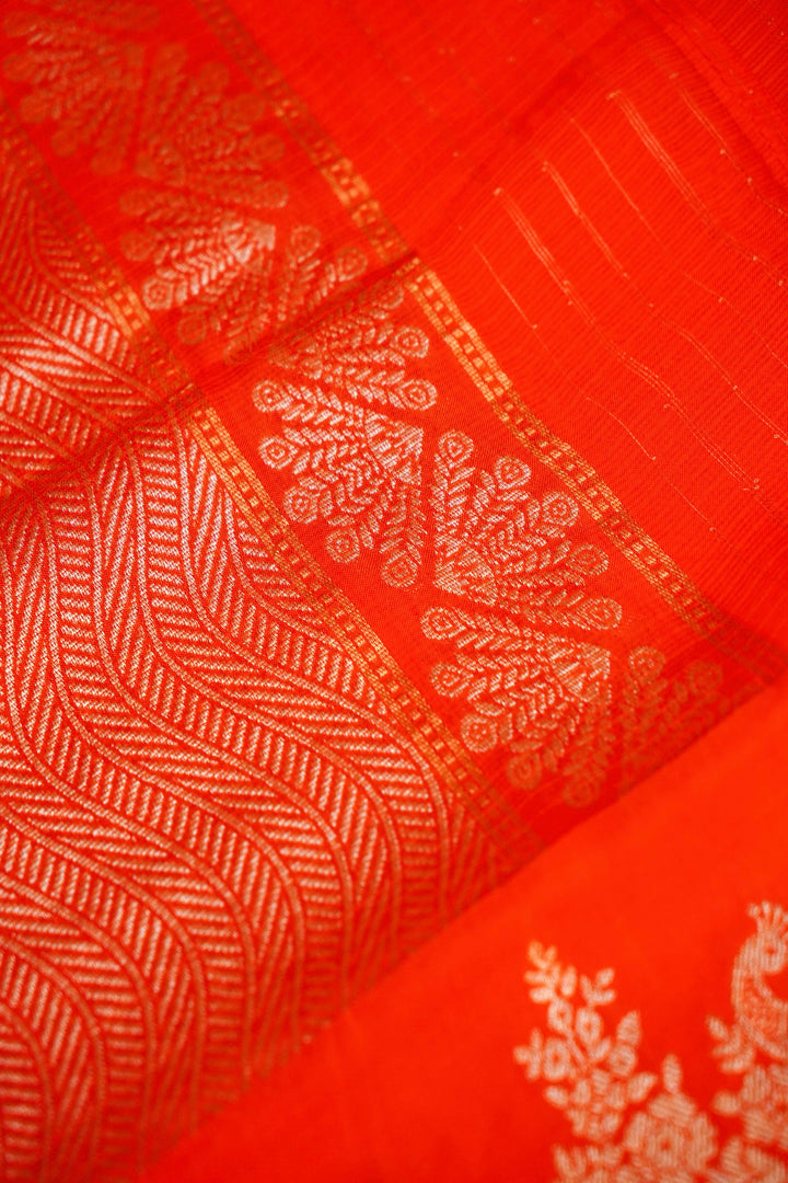 Orange Kota Check Saree with Sona Rupa Zari Work Silk Motif Border