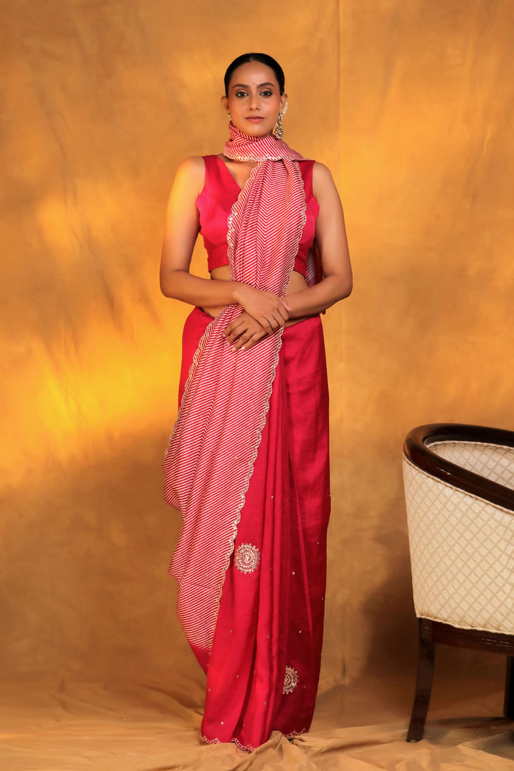 pink crepe silk geometric strip mirror work saree front view 2