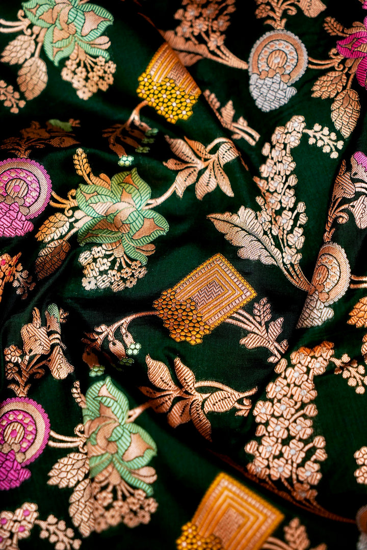 Majestic Bottle Green Banarasi Katan Silk Saree Handwoven Meenakari Jaal with Sona-Rupa Zari
