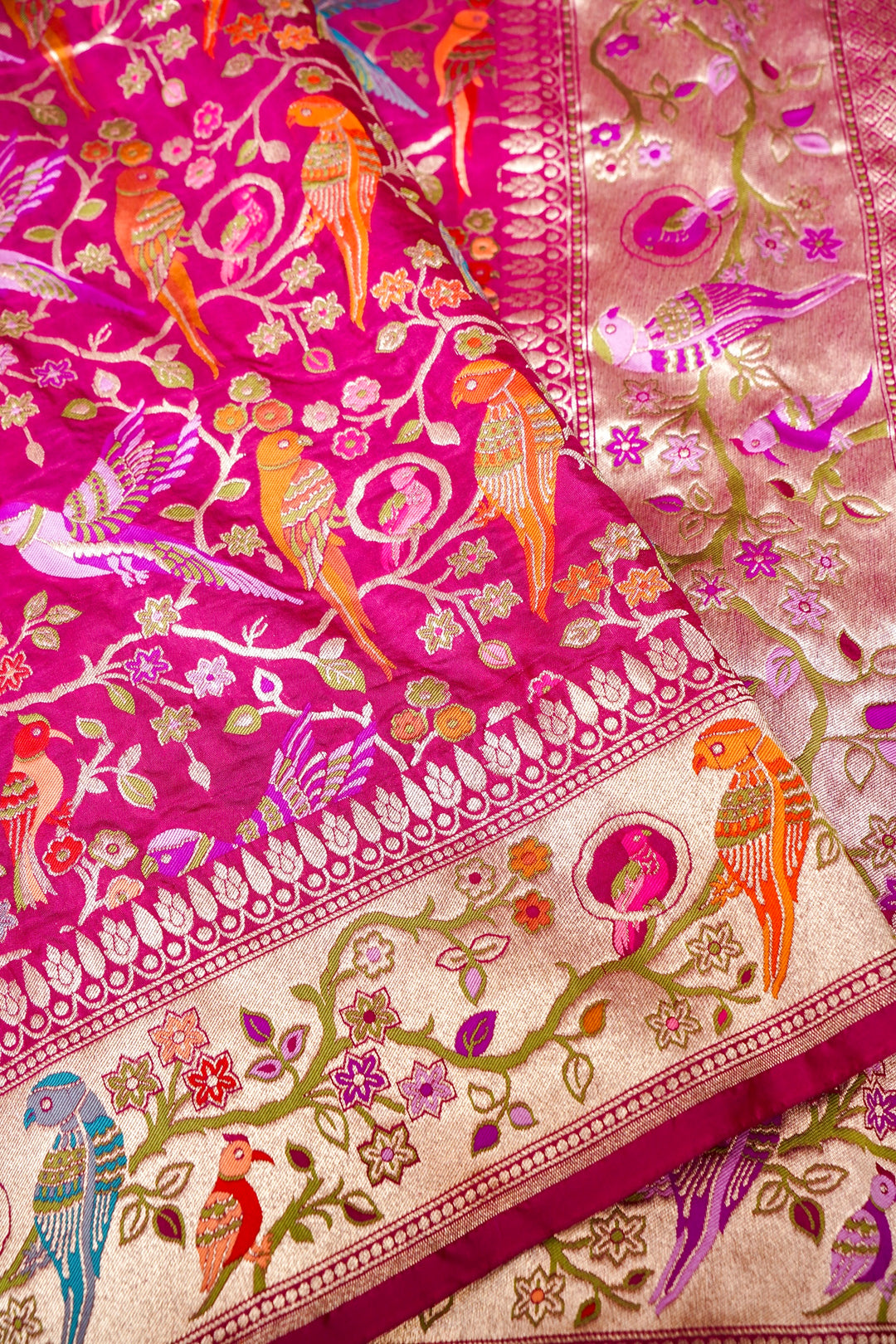 Magenta Pink Pure Banarasi Handloom Katan Silk Kimkhwab Meenakari Birds Motif Saree