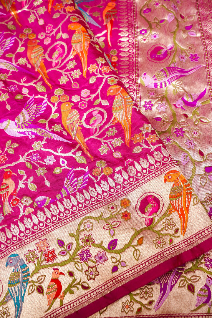 Magenta Pink Pure Banarasi Handloom Katan Silk Kimkhwab Meenakari Birds Motif Saree