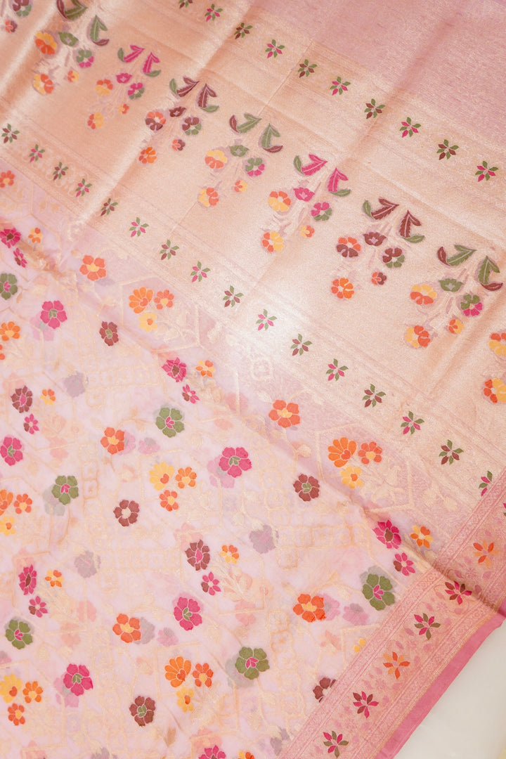 Handwoven Banarasi Baby Pink Pure Kora Silk Jamdani Saree with Contrast Border Pallu View 2