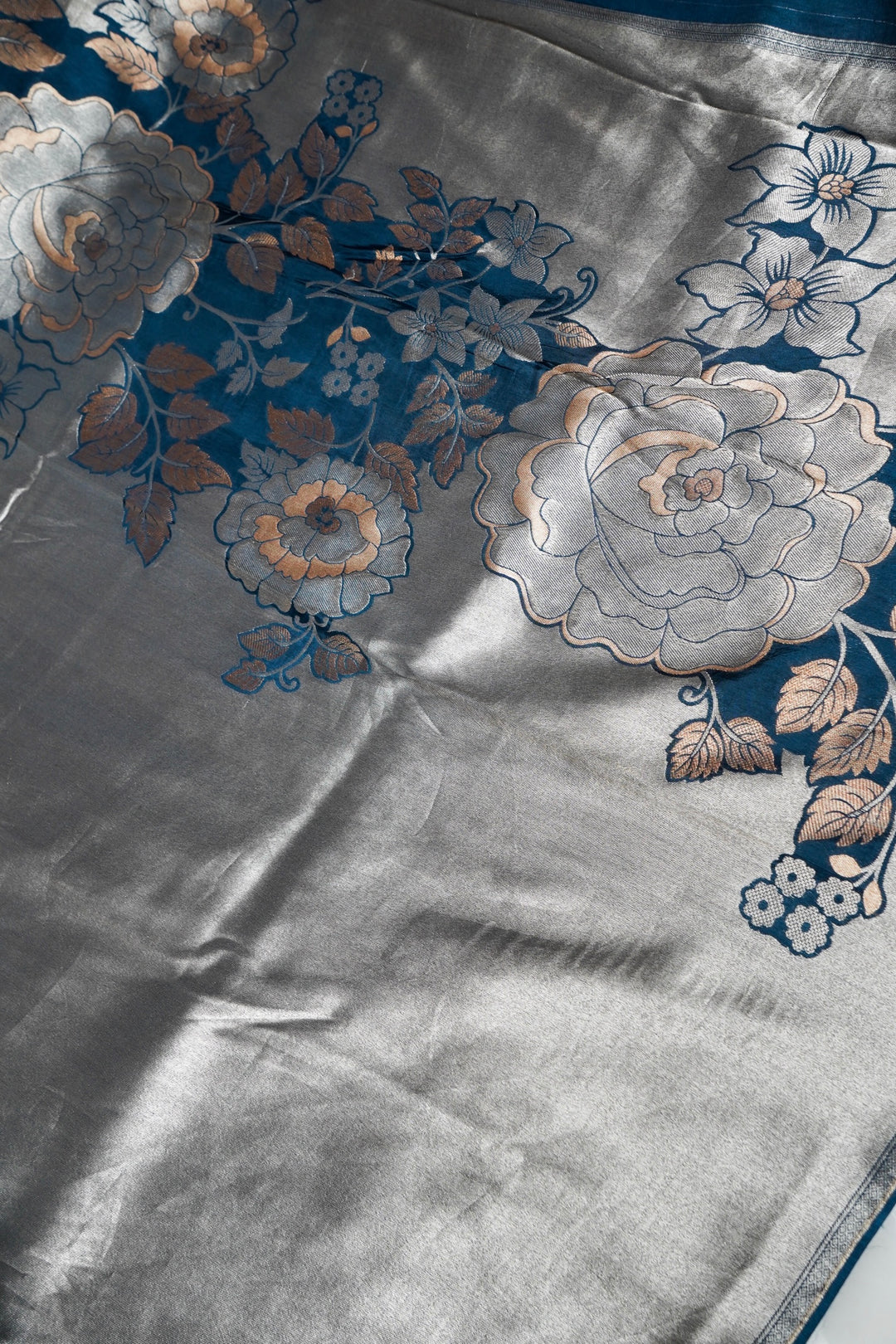 Teal Blue Pure Banarasi Crepe Tissue Saree with Contemporary Design