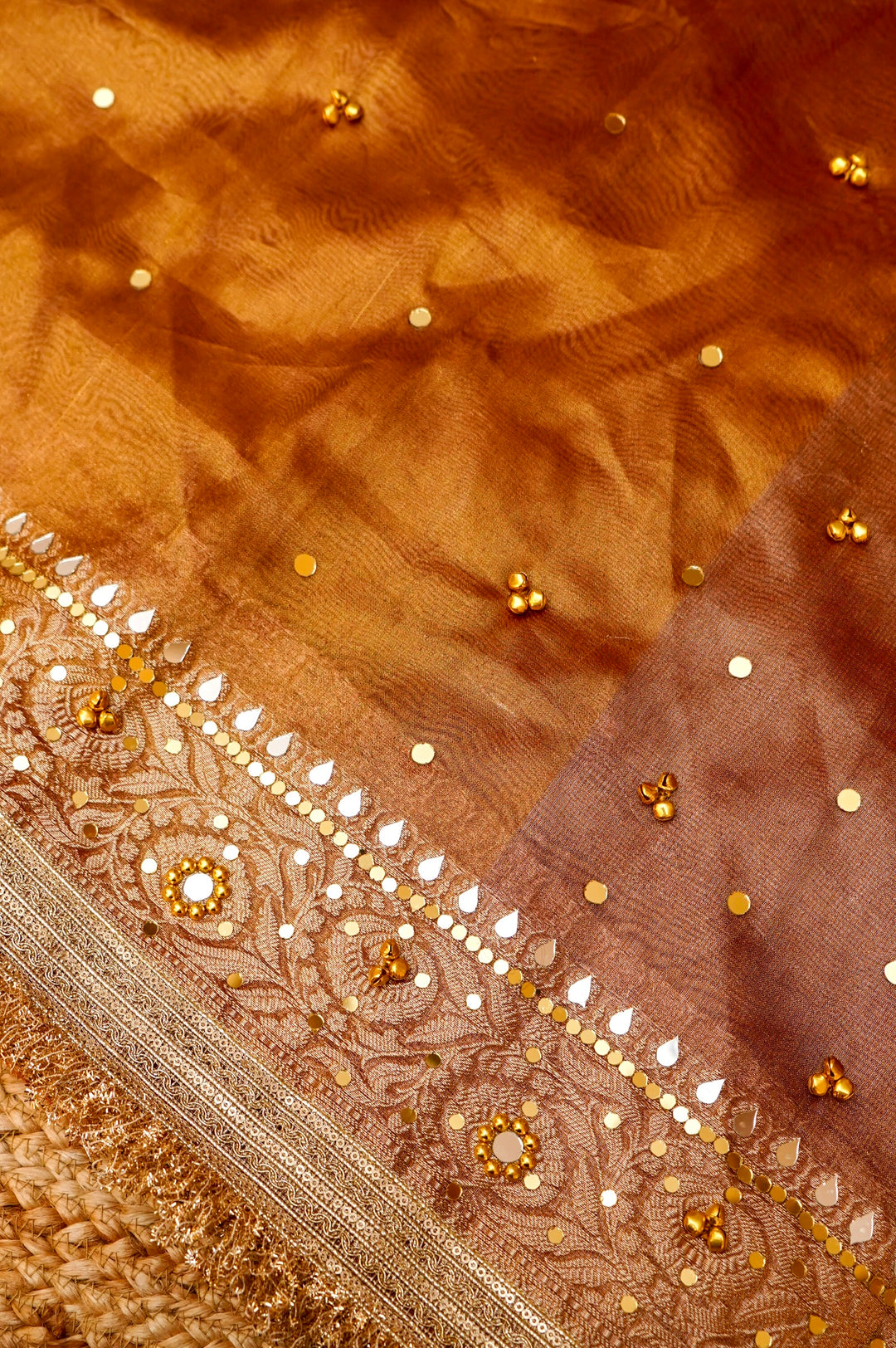 Copper Gold Viral Ghungru Saree with Mirror Work View 3
