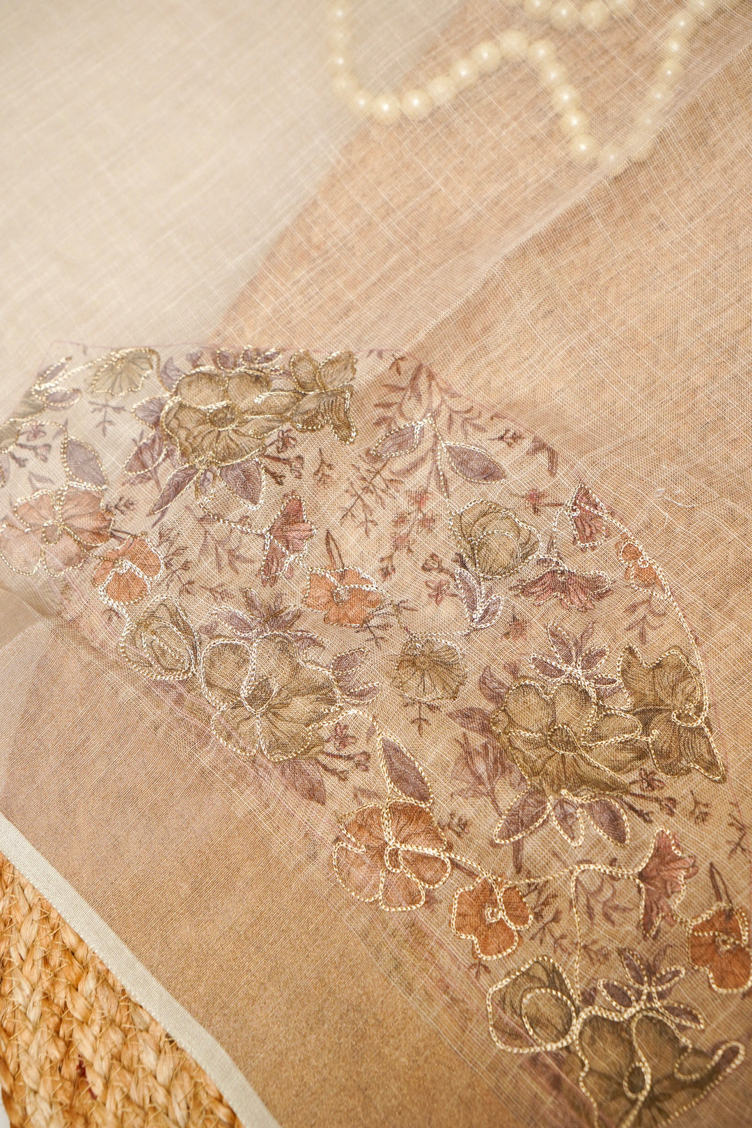 Off White Chanderi Tissue Saree with Aari Taari Embroidery Work