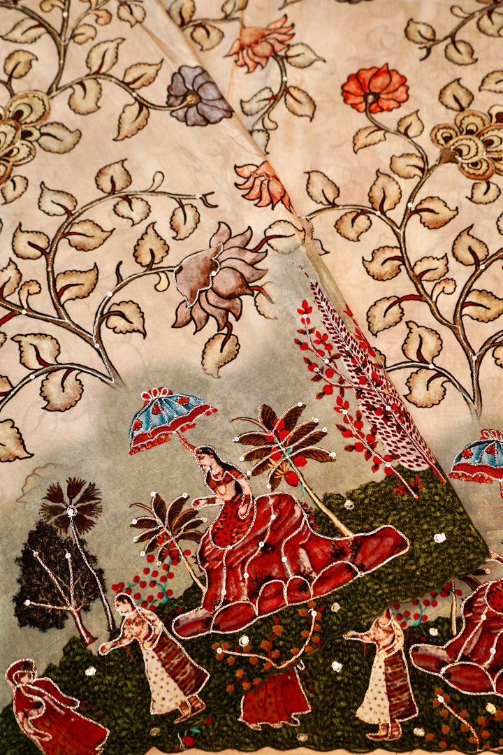 Beige Crepe Silk Saree with Floral Prints & Figure Motif