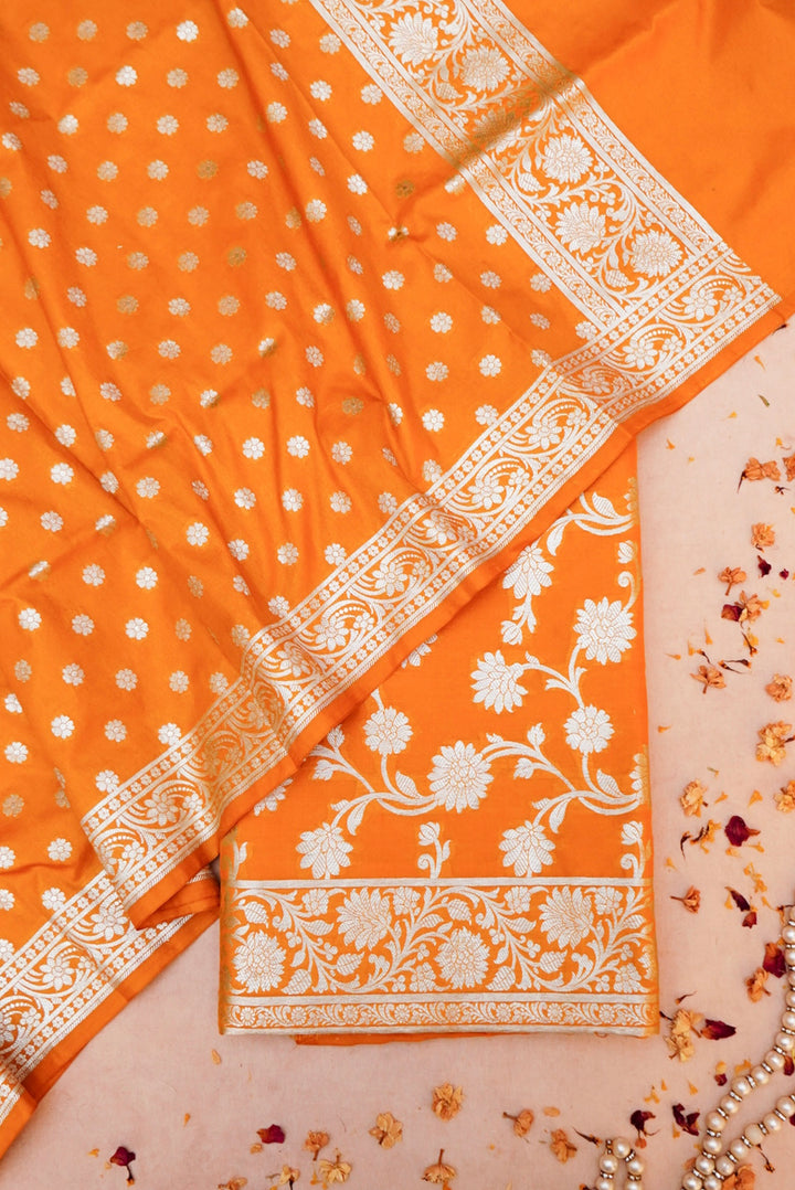 Orange Banarasi Silk Suit with Handcrafted Dupatta for Haldi Ceremony