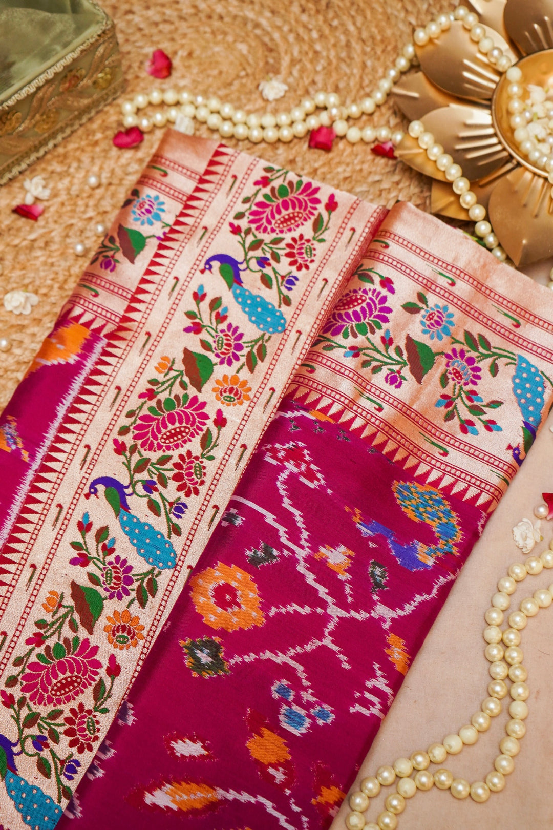 Handwoven Rani Pure Ikkat Weaving Katan Silk Paithani Saree View 1