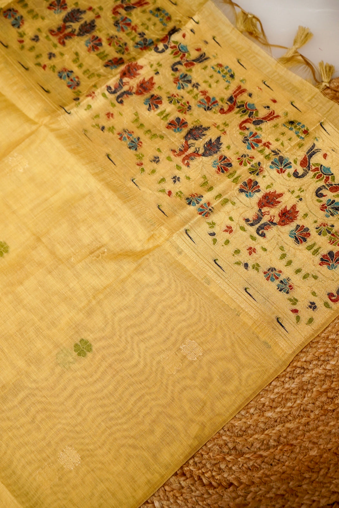 Yellow Handwoven Cotton Unstitched Suit Set with Peacock Woven Dupatta