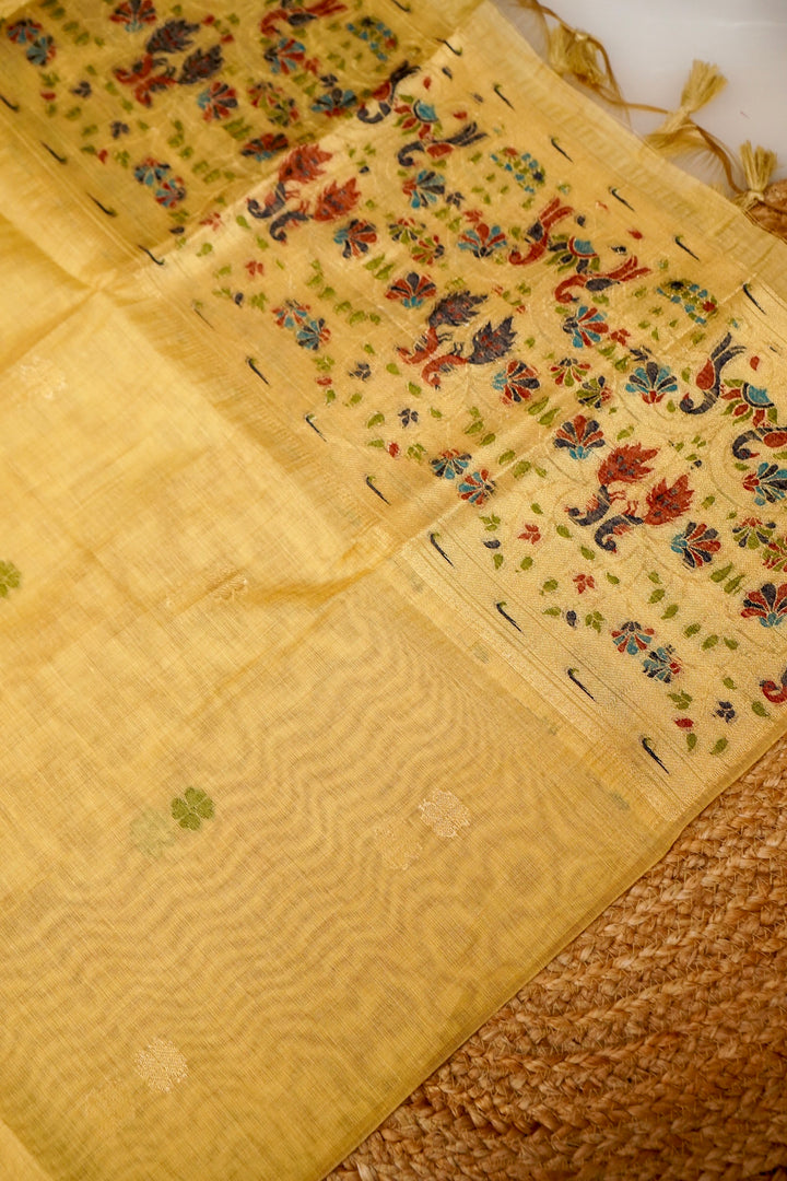 Yellow Handwoven Cotton Unstitched Suit Set with Peacock Woven Dupatta