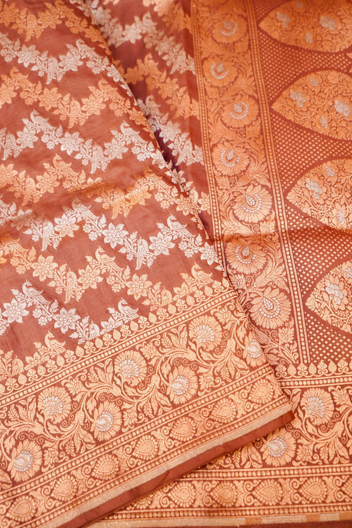 Handloom Pastel Brown Banarasi Pure Katan Silk Saree with Sona Rupa Leheriya Weave