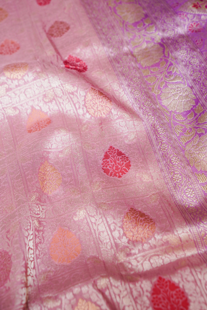 Pastel Pink Handwoven Banarasi Pure Katan Silk Gharchola Brocade Meenakari Saree