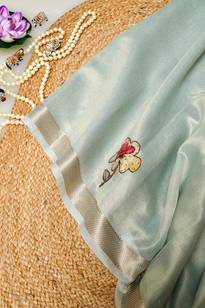 Sky Blue Chanderi Tissue Saree with Appliqué & Katha Embroidery