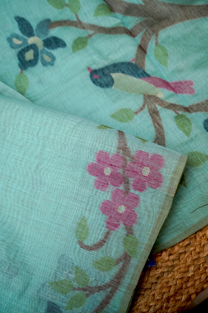 Graceful Light Blue Cotton Silk Saree with Thread Zari Bootidar Weave Jamdani Inspired Pallu View 3