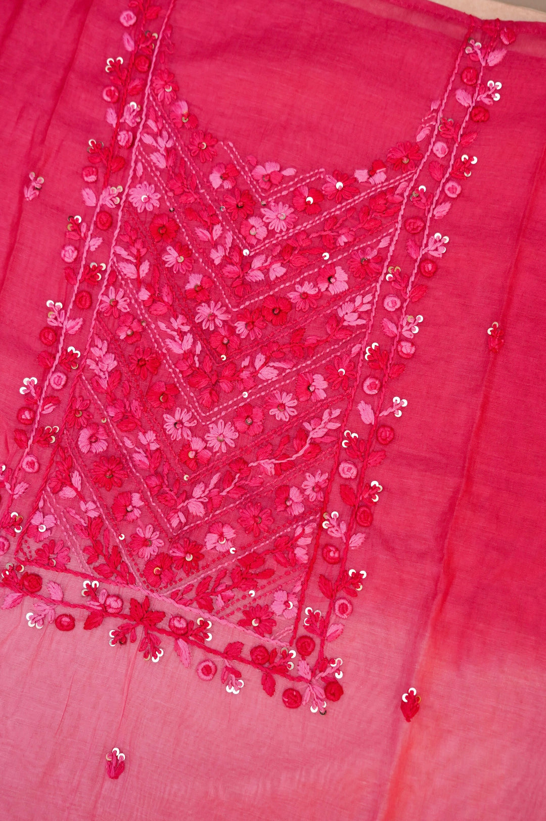 Dual Shaded Pure Mul Chanderi Unstitched Suit with French Knot Embroidery
