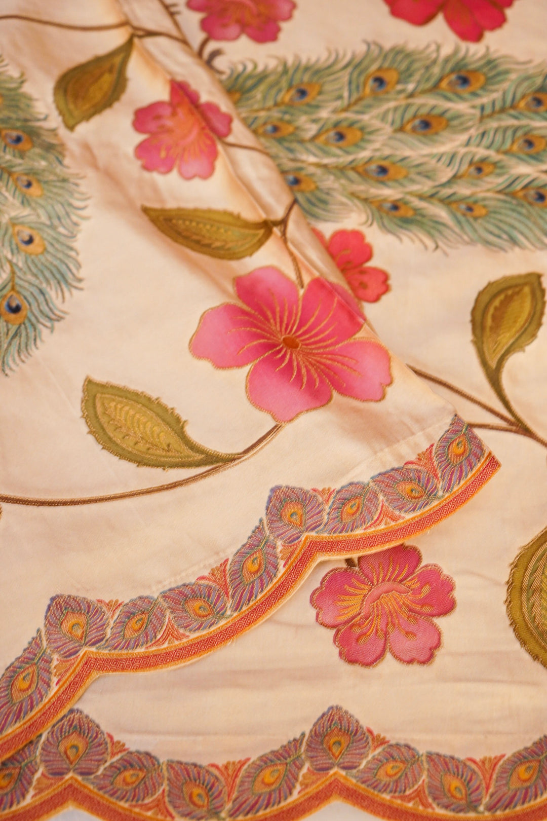 Cream Crepe Silk Saree with Meenakari Floral Body &amp; Peacock Motif Pallu