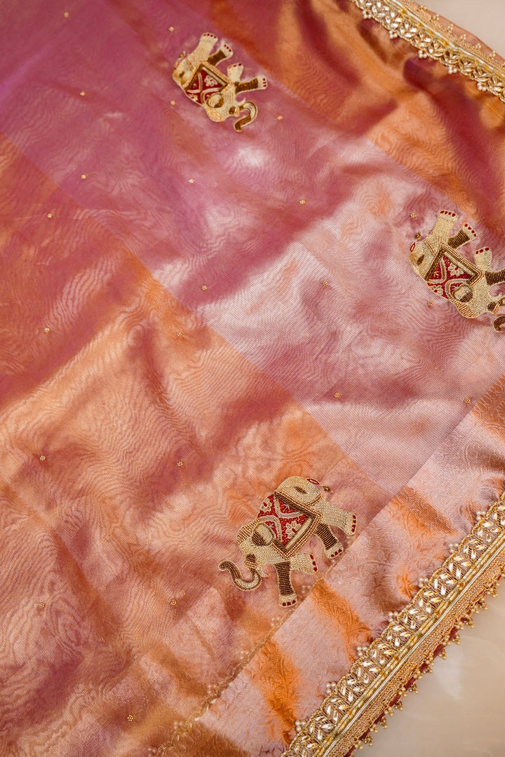 Golden Tissue Silk Saree with Pitta Zari Elephant Motifs & Scallop Border