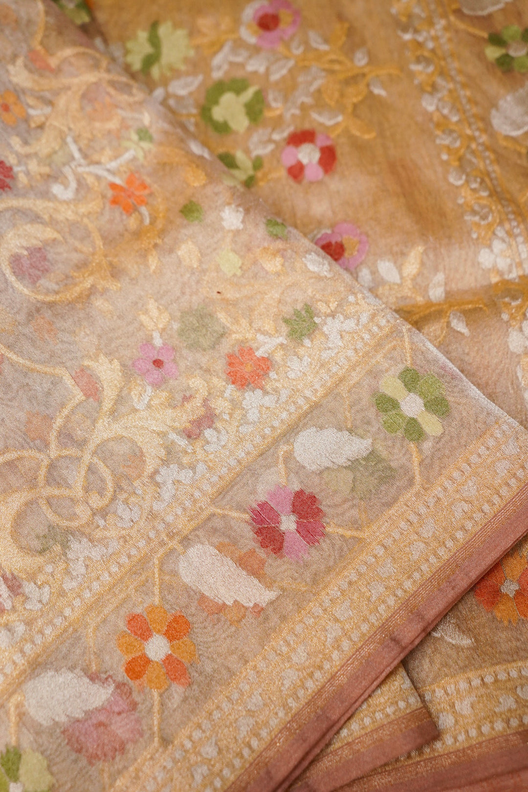 Handwoven Banarasi Copper Golden Pure Tissue Silk Jamdani Saree View 3