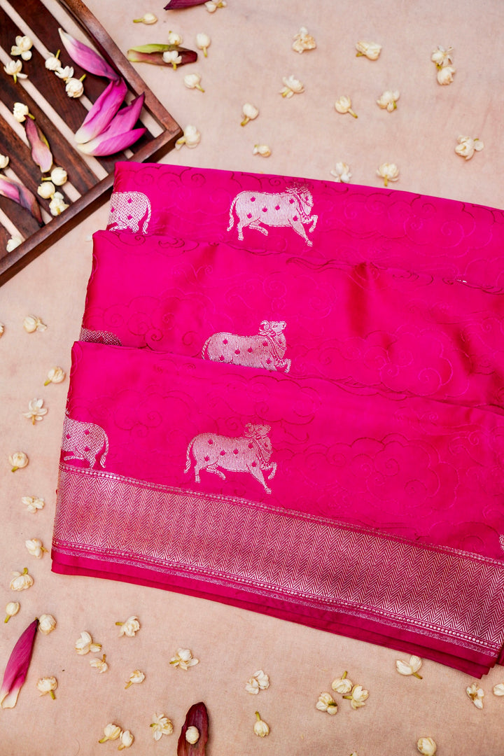 Divine Charm in Pink Banarasi Mashru Silk Saree with Golden Zari Nandi Motif